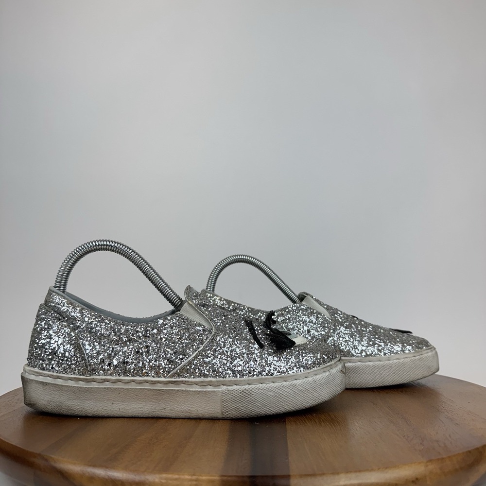 Womens Chiara Ferragni Glitter Sparkle Wink Eye Silver‎ Slip On Sneakers Size 37